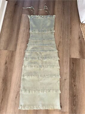 V. Chapman Sage Green Lily Ruched & Ruffled Satin Midi Dress Anthropologie 8
